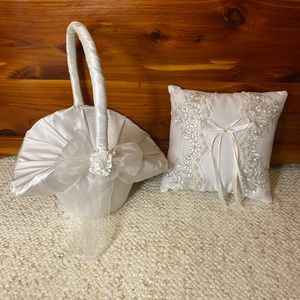 Flower Girl Basket and Ring Bearer Pillow Silk Beaded with Ribbons Set
